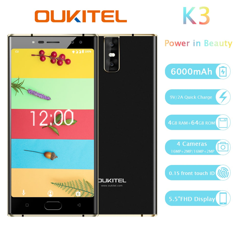 Oukitel K3 Quad Camera Smartphone 5.5 "Android 7.0 Celular MTK6750T Octa Core 4g Ram 64g Rom 6000mah Huella digital Teléfono móvil